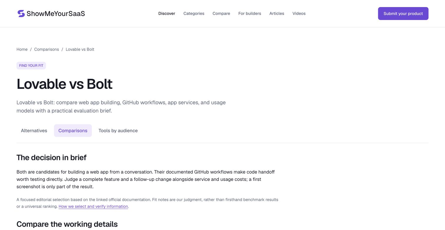 ShowMeYourSaaS Lovable versus Bolt page showing the decision brief, buying-guide navigation, and comparison section heading.